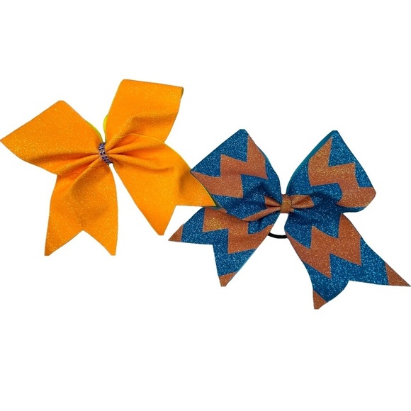 Cheer Hair Bows Set of 2 Elastic Band Orange and Blue Size Large - Picture 1 of 5